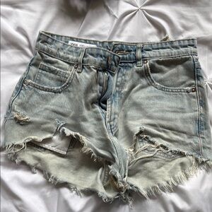 Zara Distressed Denim Shorts - Light Blue
